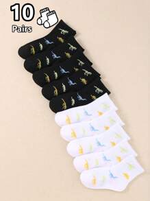 10 双白色恐龙图案袜子，适合男孩和女孩 - 透气短袜，彩色儿童日常袜子 - 彩色 - 查看 1