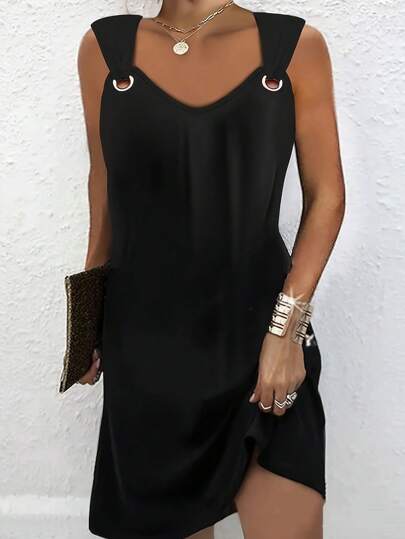 Vestido feminino sem mangas com decote em V, de malha, com cordão na cintura, estilo boêmio casual, comprimento até o joelho, vestido midi