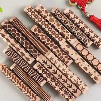 Rodillo de madera de 10cm para cerámica y arcilla, vara texturizada con estampados de flor, hoja, onda, corazón y corteza para manualidades de cerámica DIY