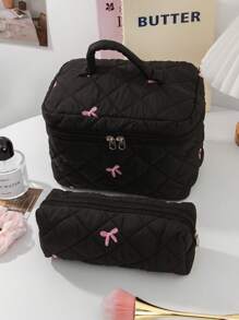 1Pc/Set Pink Bow Embroidered Quilted Makeup Bag Sets, Cute Macaron Color Large Capacity Cosmetic Bag, Lightweight Fluffy Filling Toiletries Bag For Travel Storage,Daily Use. For School Cosmetic Bag Back To School Supplies Cosmetic Storage School Stuff Bag Organizer Room Stuff Travel Essentials Make Up Bag Holiday Essentials Dorm Essentials Daily Commute Essentials Makeup Bags Makeup Pouch Makeup Organizer Cosmetic Bag Holiday Winter