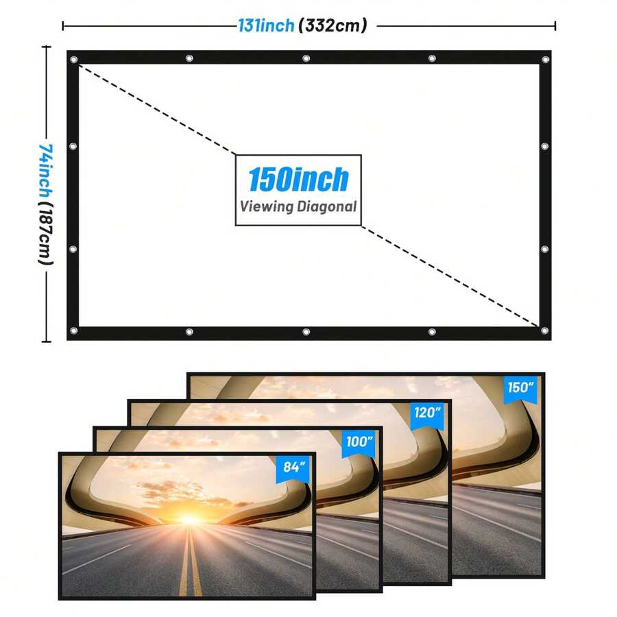150 Inch HD Foldable Projector Screen, 16:9 Wrinkle-Proof Portable Movie Screen For Home Outdoor Indoor, Double-Sided Projection Support - 白色 - 查看 1