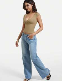 VOYJOY Womens V Neck Short Sleeve T Shirt Double Lined Tee Seamed Cup Slim Fit Basic Tops Crop Top Y2K Going Out Top Brown - Nâu nhạt - Xem 6