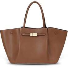 Women's Large Elegant Handbag, PU Leather Shoulder Bag, Simple Tote Bag, Medium Shopper Bag, Multi-Pocket Tote Bag, Hobo Tote Bag For Work, School, Office, Casual - 棕色 - 查看 1