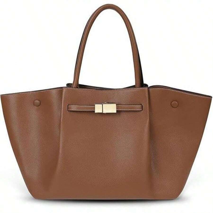 Women's Large Elegant Handbag, PU Leather Shoulder Bag, Simple Tote Bag, Medium Shopper Bag, Multi-Pocket Tote Bag, Hobo Tote Bag For Work, School, Office, Casual - 棕色 - 查看 1