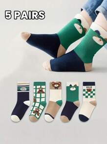 5 Pairs Kids Contrast Color Cartoon Bear And Plaid Mid-Calf Socks - Multicolor - View 1