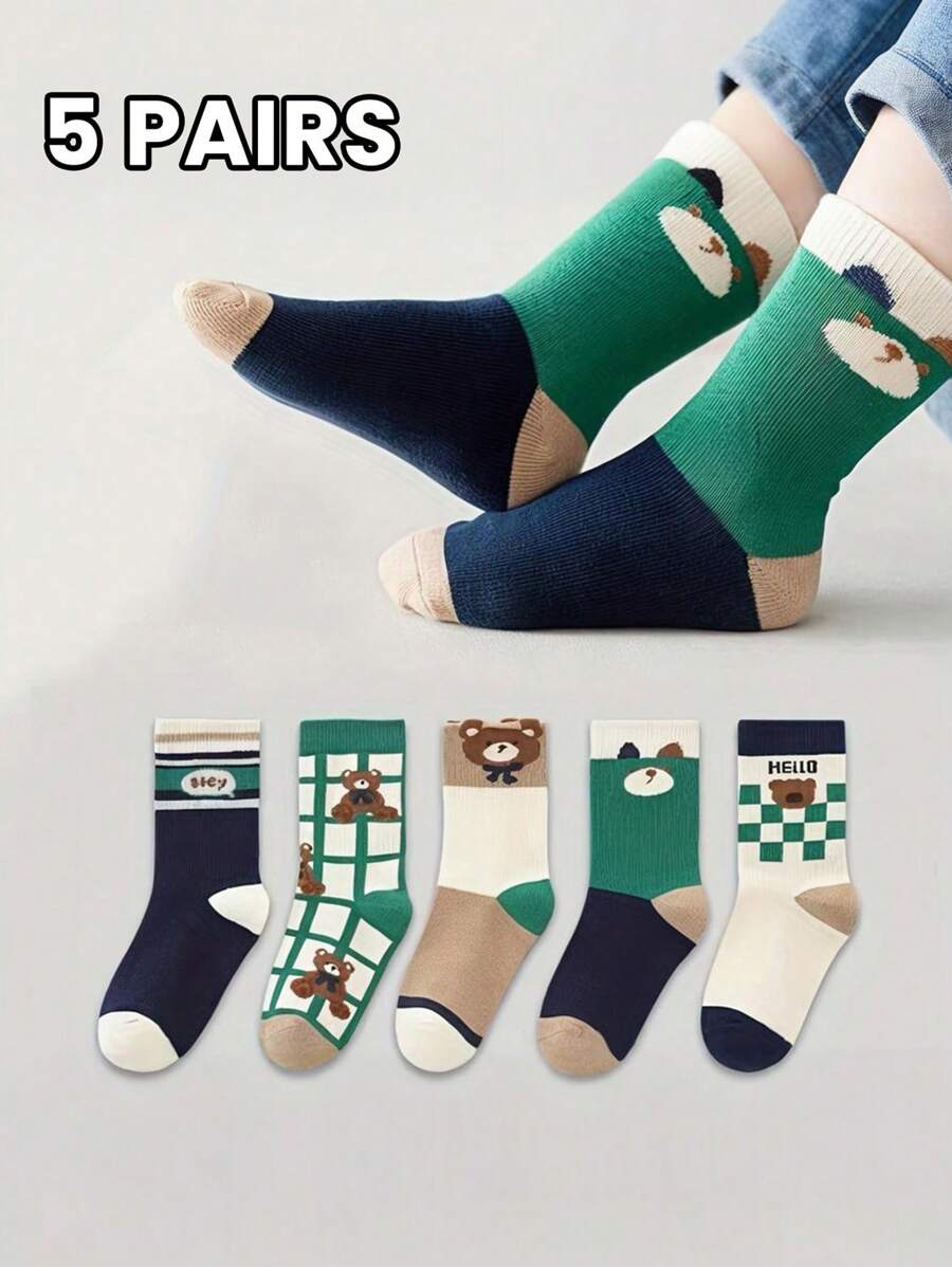 5 Pairs Kids Contrast Color Cartoon Bear And Plaid Mid-Calf Socks - Multicolor - View 1