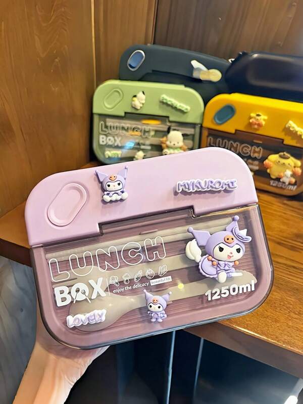Sanrio 1 pieza/1250ml Sanlio Kulomi Caja de almuerzo japonesa, apta para microondas / Cajita de bento portátil con cubiertos para trabajadores de oficina, estudiantes y niños, con compartimentos sellados y aislados, regalo para niños y niñas, útiles escolares