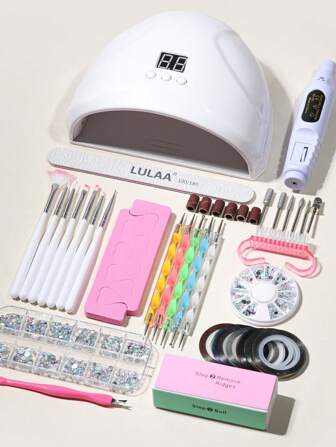 22pcs Manicure Set: Nail Lamp, Nail Drill, Nail Painting Pen, Rhinestone Pen, Nail Decorations, Finger Separators, Cuticle Pusher, Cuticle Fork, Nail Gold & Silver Wire, Nail Brush