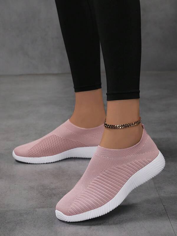 Women's Breathable Knitted Flat Loafers, Pink, Lightweight And Comfortable Slip-On Shoes