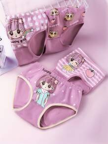 4pcs Pack Tween Girl Cartoon Girl & Stripe Printed Cute Bikini Panties
