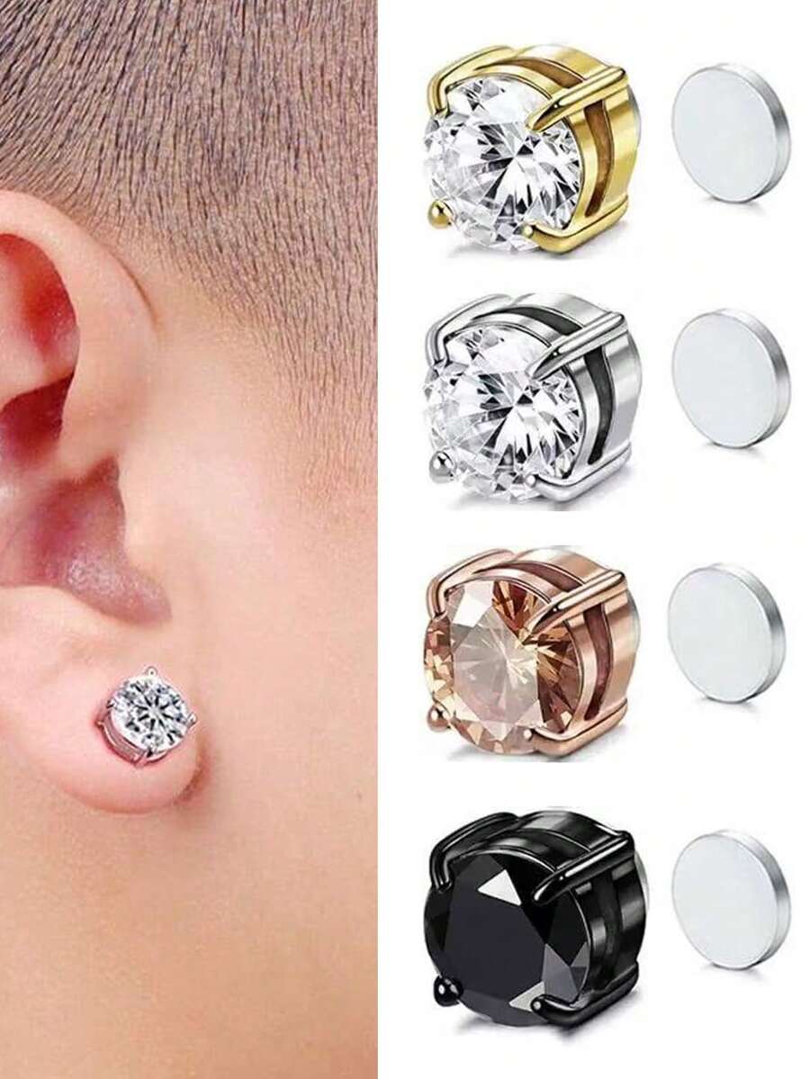 2/8Pcs Men's Fake Perforation Zirconia Earrings Fashion Stainless Steel Magnetic Ear Clip Jewelry Gifts For Adolescent - Multicolor - View 1