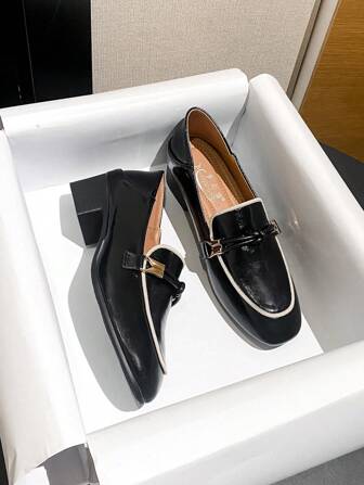 Mengshangli Fall/Winter Women's Chunky Heels Pumps, Square Toe Mid-Heel British Style Soft Leather Casual Slip-On Shoes,Elegant,Loafers