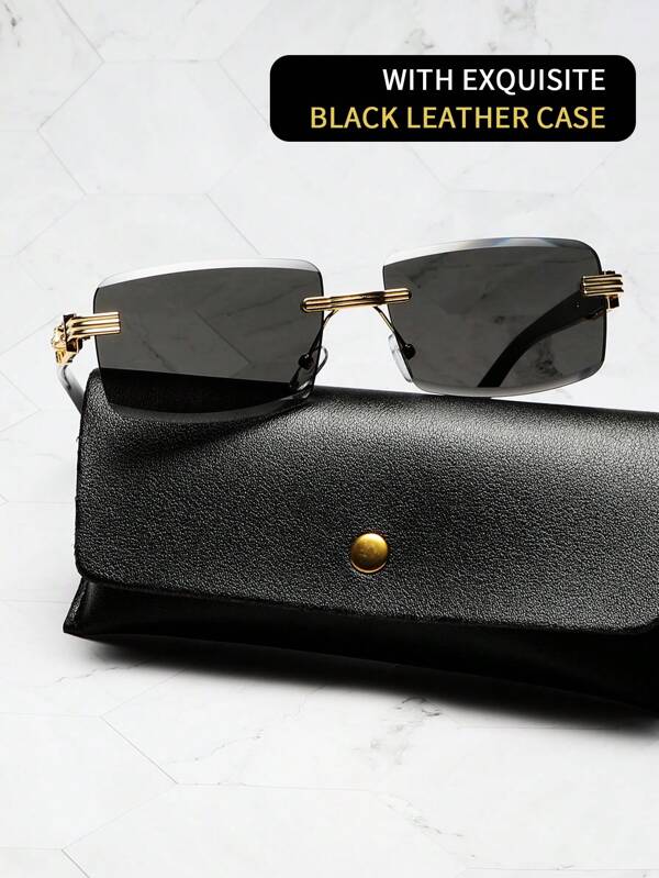 حلقة معدنية بإطار مربع بتصميم بوهيمي عصري هندسي عادي - جديد غير متوازن، غطاء جلد أسود رفيع لحفظ النظارة، مناسب لموسم الربيع/الصيف ، مجموعة واحدة من الجنسين