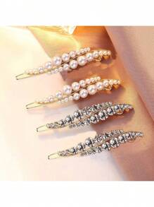 优雅金属发夹，饰以仿珍珠和水钻，侧夹式发饰，发卡，发爪，学生用品，珍珠发饰，派对造型