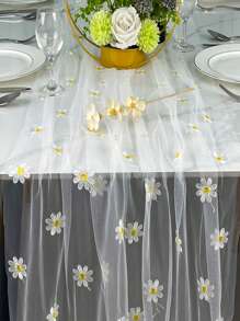 Daisy Flower Mesh Fabric Table Runner, White Sheer Lace Embroidery For Wedding Dress DIY Sewing Decor Craft, Party Wedding Banquet Home Decoration - Daisy Embroidered Table Runner - View 8