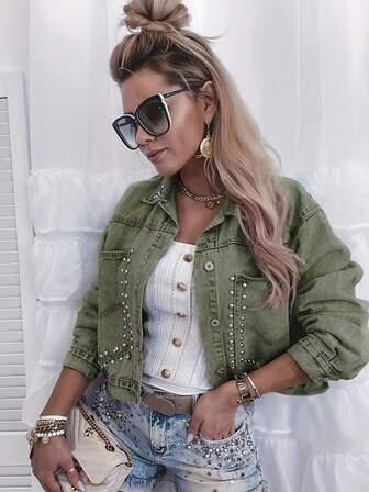 Standardstorlek dambroderad, pärlmönstrad överdimensionerad lös passform långärmad icke-stretchig färgad jeansjacka