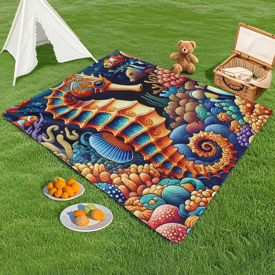 Seahorse Fish And Sea Grass Design Outdoor Digital Printing Blanket In Orange Tones For Coastal Escapes And Outdoor Leisure Activities - Multicolor - View 1