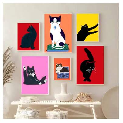 1pc Frameless Cat Series Illustration Posters Vintage Painting Printing Wall Arts Modern Minimalist Living Room Bedroom Dormitory Study Bar Coffee Shop Room Wall Decoration Home Decoration Art Pictures