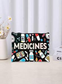 黑色帆布药丸收纳袋，带拉链 - 可重复使用的旅行和化妆包，商务旅行必备，采用“药物”和彩色医学插图设计，是送给女性、姐妹、女儿的完美礼物