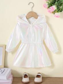 Baby Girl Hooded Cinched Waist Lightweight Windbreaker, Iridescent Blue Spring/Summer Sun Protection Jacket