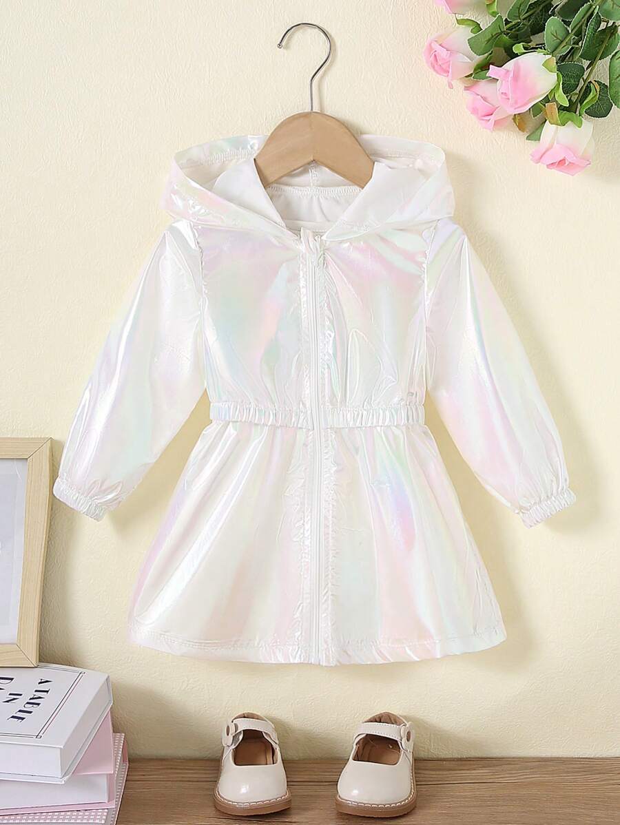 Baby Girl Hooded Cinched Waist Lightweight Windbreaker, Iridescent Blue Spring/Summer Sun Protection Jacket