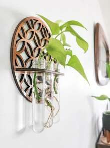 1 套壁挂式圆形木质植物繁殖站，带 3 个塑料试管花瓶、水培花盆架、客厅卧室家居装饰