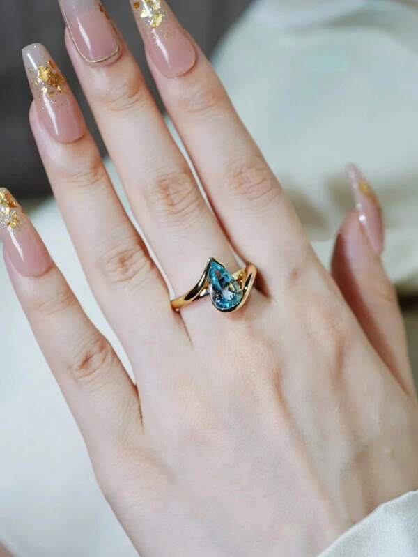 1 pieza Anillo de lujo con forma de gota plateado en oro de plata de ley 925, adecuado para mujeres en fiestas