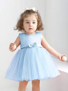 Baby Girl Blue 0-2 Years Old Mesh Patchwork Puffy Skirt Party Dress, Suitable For Gatherings And Weddings - Blue - View 3