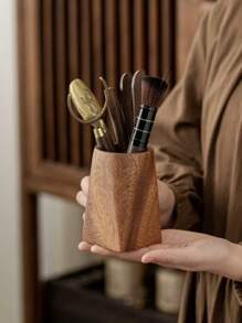 1pc Solid Walnut Wood Retro Storage Bucket, Tea Accessories Container, Pen Holder, Modern Minimalist Wooden Office Desk Stationery Organizer, Handmade Walnut Wood, Color And Size May Vary, Back To School