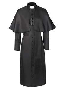 Men's Solid Priest, Friar Medieval Vintage Priest Monk Robe Wizard Halloween Death Costume With Cross Necklace And Belt Black Cape