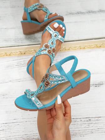 女士新款坡跟厚底凉鞋 - 复古水晶弹力带波西米亚罗马风格鞋 - 适合度假