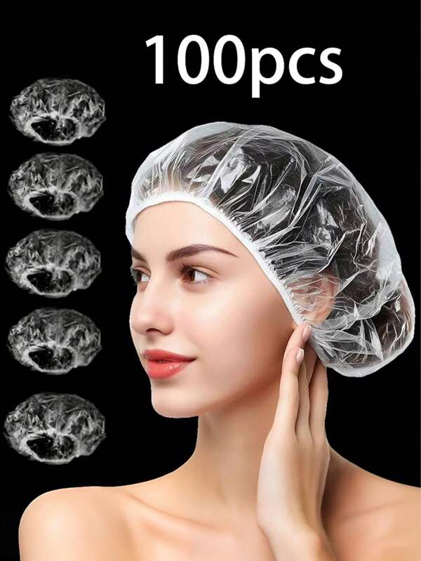 100 piezas Gorro de ducha desechable transparente y no lavable, gorro de ducha impermeable y elástico, grueso, grande y de alta elasticidad, usado para el baño y el cuidado del cabello, fácil de llevar durante los viajes y de vuelta a la escuela