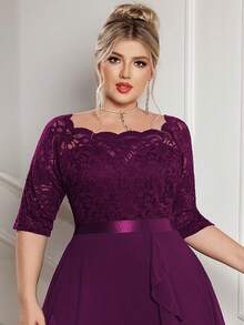 Plus Boat Neck Floral Lace Contrast Chiffon Ruffle Hem Cocktail Party Swing Dress - Maroon - View 7