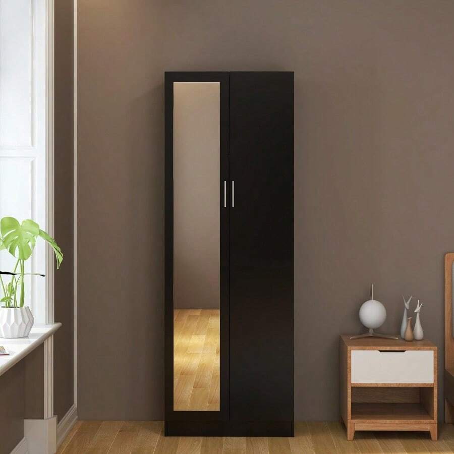 2 Doors Mirrored Wardrobe For Small Bedroom Bedroom Furniture Robe With 1 Storage Compartment, Hanging Rail, 72 X 47 X 170 Cm (Black) - Black - View 1
