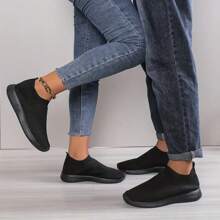 女款時尚透氣防滑網布運動鞋，輕便休閒跑步鞋設有穿脫袜子式設計，男女適用 - 黑色 - 查看 4