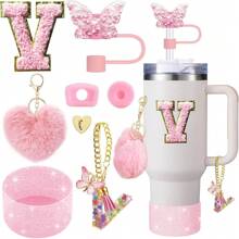 8 piezas de accesorios para taza de 40 oz y 30 oz, incluyendo tapa con pajita, tapa de silicona a prueba de derrames, funda de silicona, cadena con dije de letra, pegatina, gancho en forma de corazón, pompones con forma de corazón y bola de pelo, ideal para camping, regalo del Día de San Valentín, Día de la Madre, útiles escolares