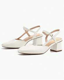 Women's Slingback Low Chunky Heels With Closed Square Toe For Wedding And Party Dress - 白色 - 查看 4