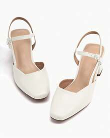 Women's Slingback Low Chunky Heels With Closed Square Toe For Wedding And Party Dress - 白色 - 查看 1
