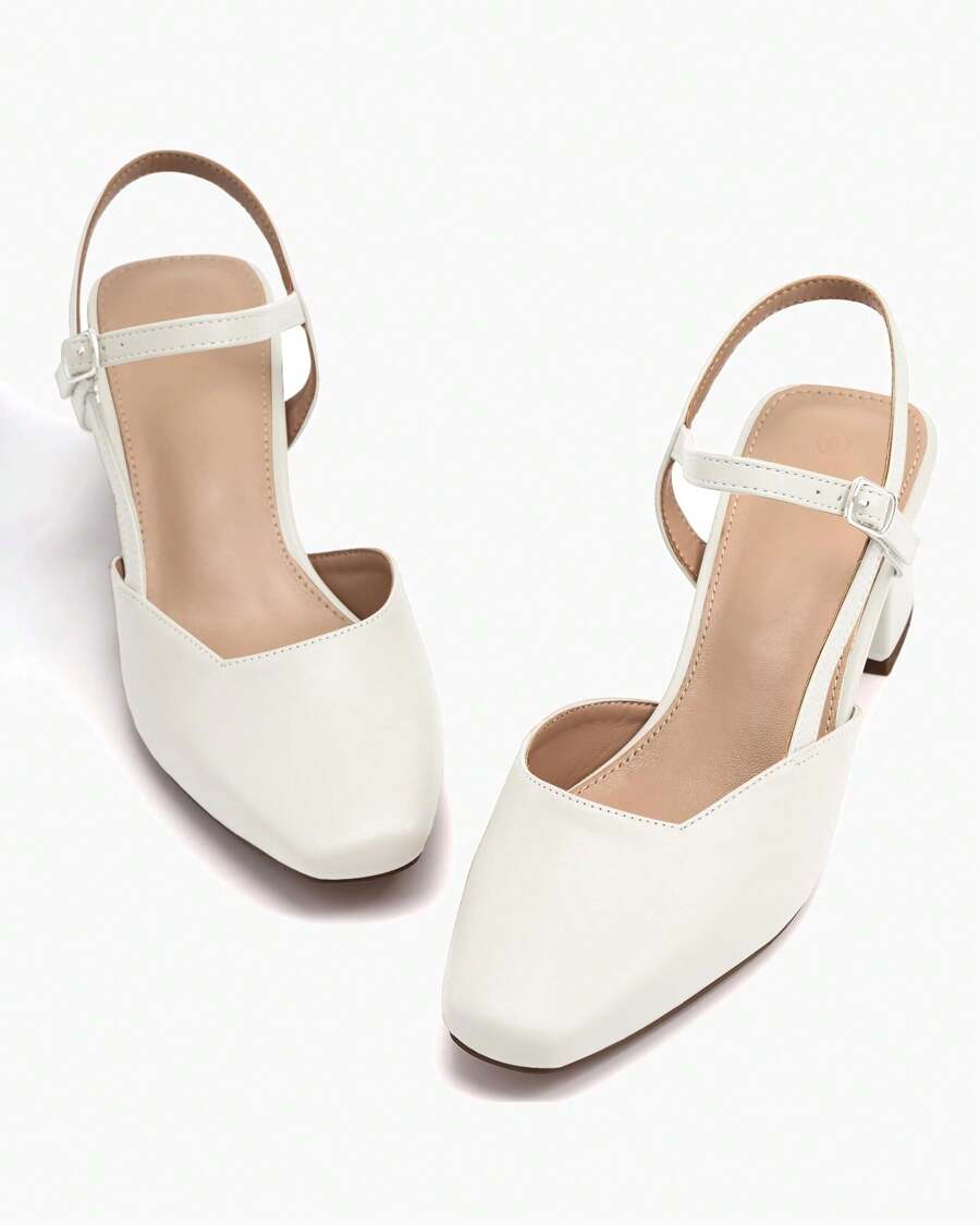 Women's Slingback Low Chunky Heels With Closed Square Toe For Wedding And Party Dress - 白色 - 查看 1
