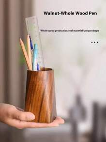 1pc Solid Walnut Wood Retro Storage Bucket, Tea Accessories Container, Pen Holder, Modern Minimalist Wooden Office Desk Stationery Organizer, Handmade Walnut Wood, Color And Size May Vary, Back To School