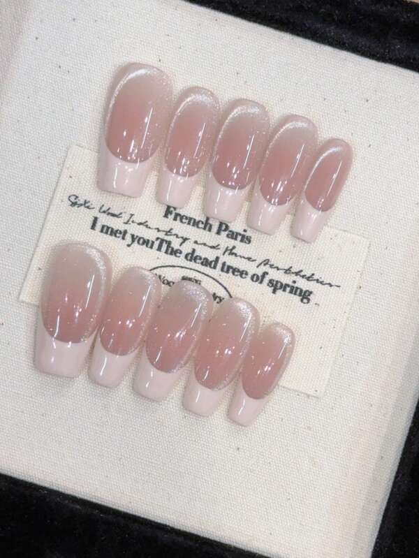10 Pieces Medium Long Handmade Blush Powder Base Color Temperament Leather Powder Edge French Side Light Cat Eye Press On Nail Trapeze Everyday White Dating Detachable Fake Nails Suitable For Nail Art Diy Lovers Ladies Girls