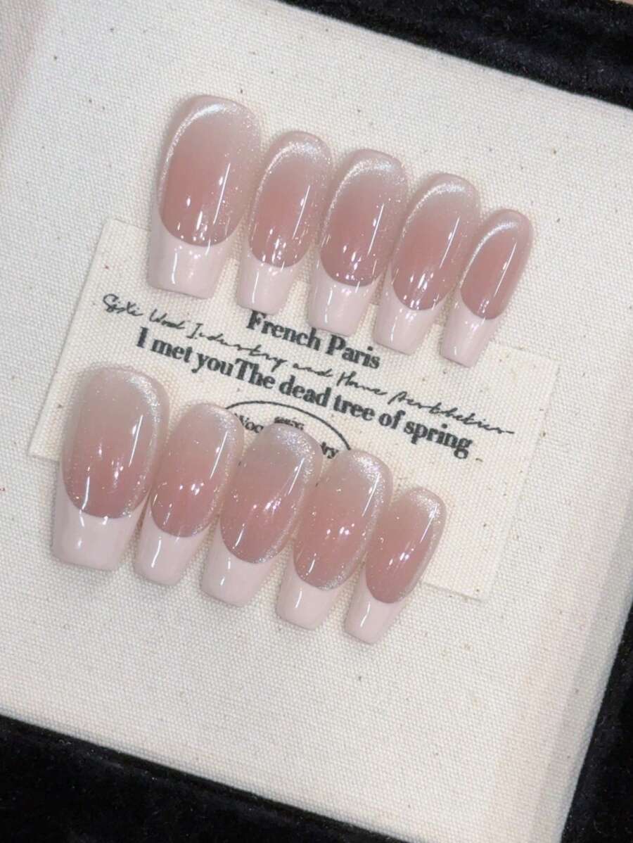 10片中长款手工腮红色皮革边法式侧边轻盈猫眼美甲贴片，适合美甲DIY爱好者、女性和女孩美甲用品手工美甲贴片 - 淺粉色 - 查看 1