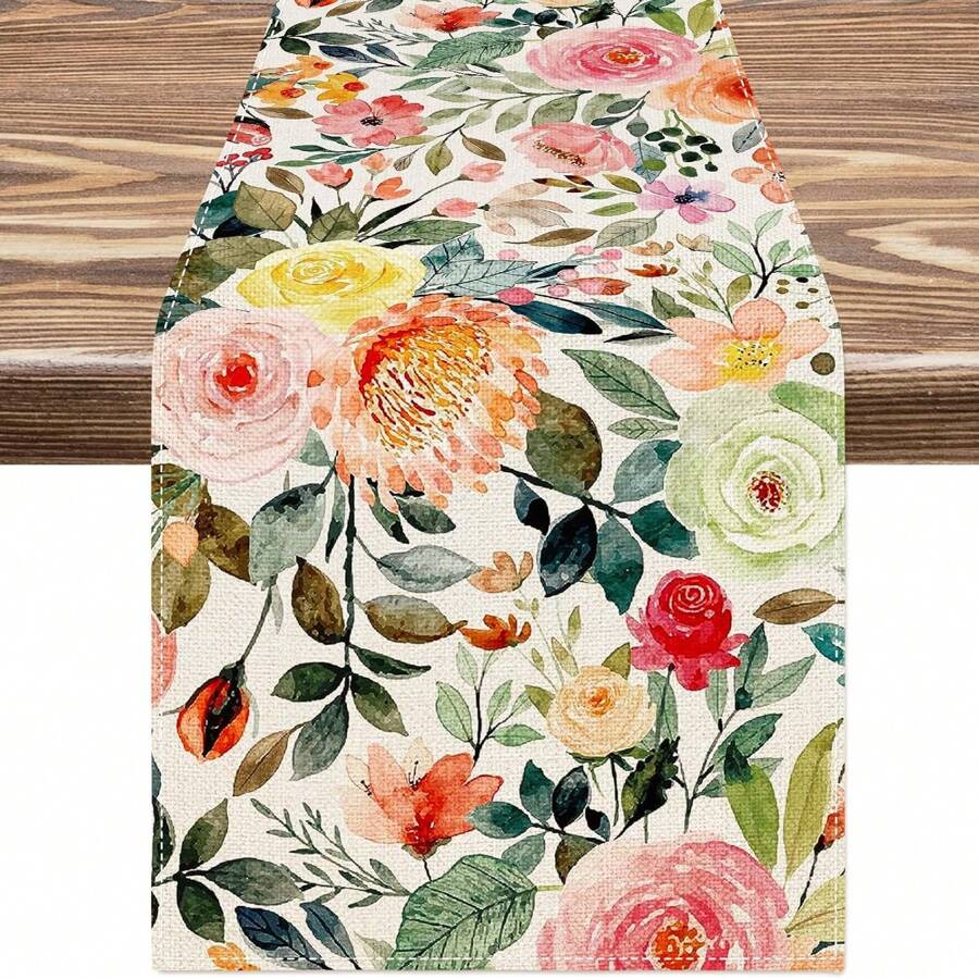 1PC Spring Summer Table Runner Floral Tablecloth Watercolor Rose Kitchen Table Decoration Vintage Spring Tablecloth Applicable