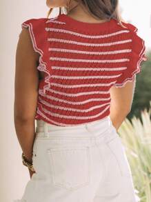Women's Crochet Knit Striped Sweater Vest, Lightweight Round Neck Ruffle Trim Short Sleeve Top Summer - Multicolor - View 11