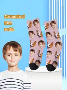 1 Pair Customized Face Design Mid-Calf Socks For Girls And Boys, Personalized Printed Photo Socks For Teens, Fun Customized Image Knee High Socks, Suitable For Daily Wear, Festivals, Birthday Gifts And Other Occasions,Christmas Gift Supplies - Multicolor - View 2