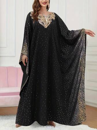 优雅纯色阿拉伯串珠蕾丝领长袍，土耳其刺绣长袖 V 领阿巴亚女式连衣裙，端庄的卡夫坦