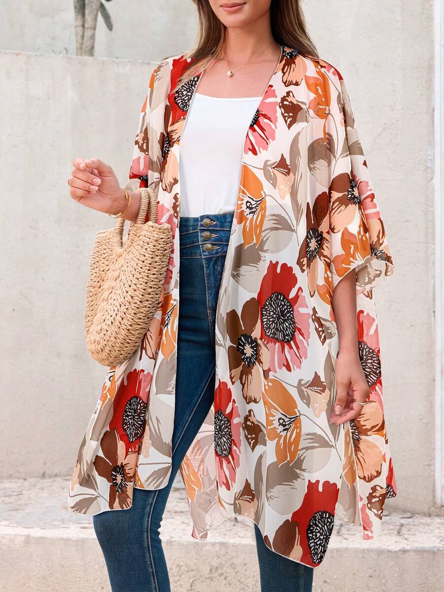 花卉印花蝙蝠袖和服夏季休闲度假 - 彩色 - 查看 1