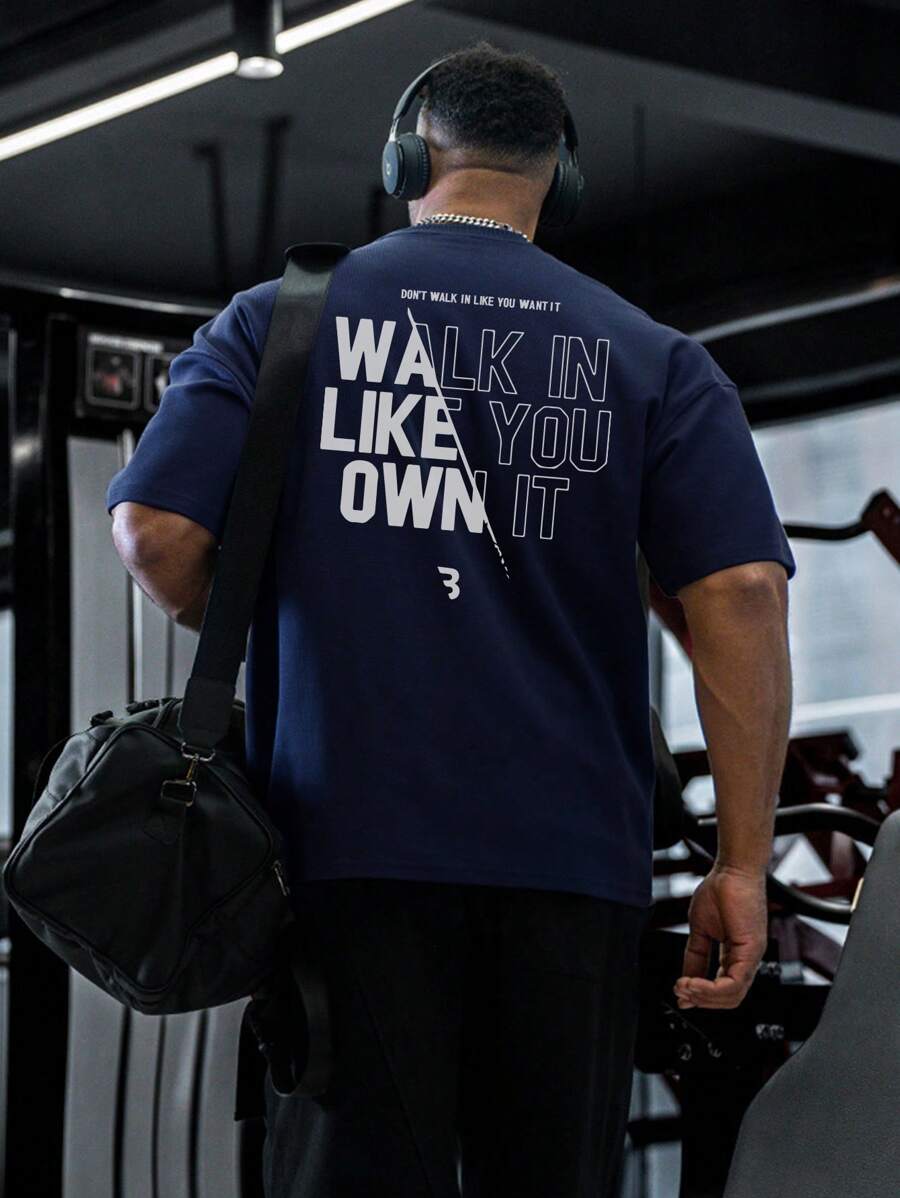 Men's Casual Letter Print Round Neck Short Sleeve T-Shirt, Spring/Summer Men's Top - Navy Blue - View 1