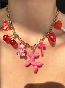 1 pieza Collar colgante con diseños de fresa roja y rosa, cereza, lazo, oso, paleta y perro - Regalo de joyería divertida para mujeres apta para verano, citas y fiestas