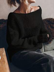 VIBEWAVE 性感宽松露肩镂空轻薄长袖毛衣，适合女士，休闲优雅，适合日常穿着和度假 - 黑色 - 查看 4